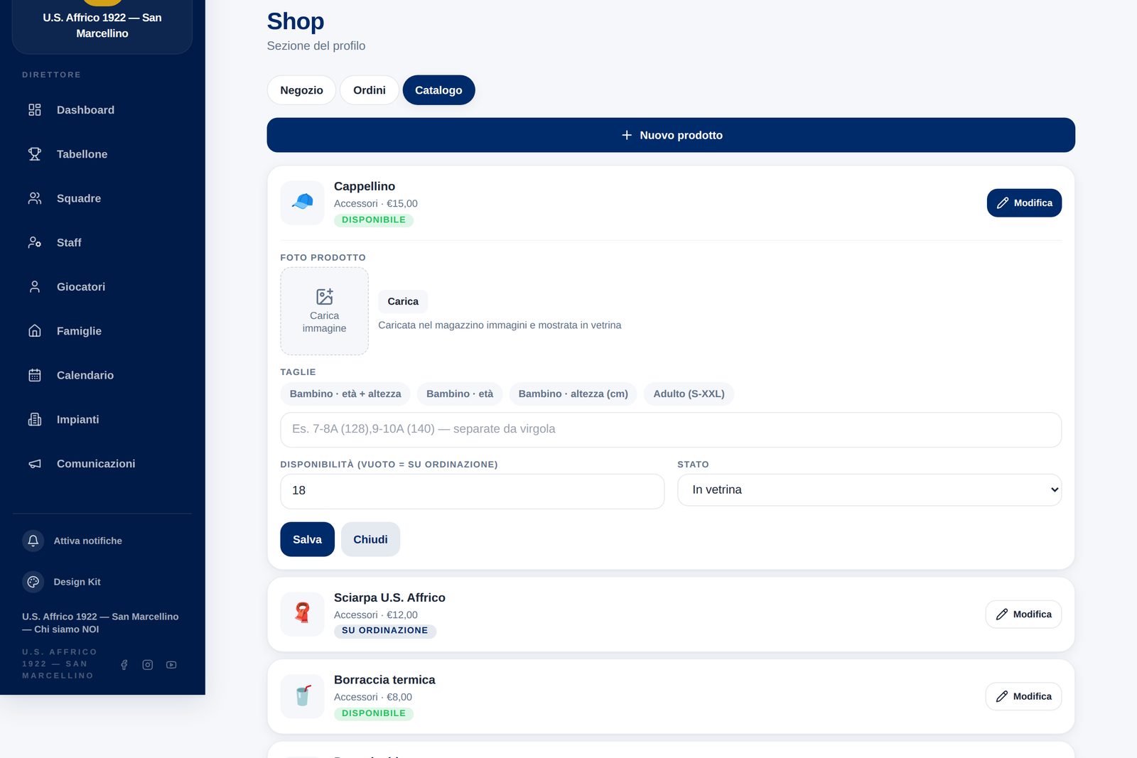 Catalogo Shop: modifica prodotto con foto e scale taglie